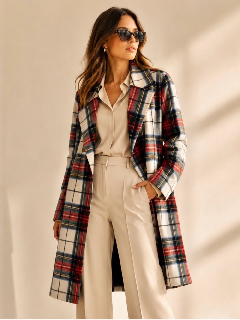 Old Navy Women’s White Tartan Plaid Long Slouchy Double-Breasted Coat